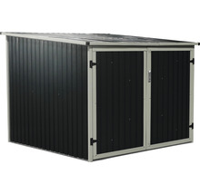 Metalen gereedschapshuis met hellend dak en dubbele deur voor de tuin