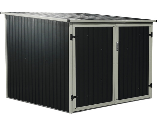 Metalen gereedschapshuis met hellend dak en dubbele deur voor de tuin
