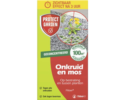 PROTECT GARDEN Flitser concentraat onkruid en mos 750 ml Verpakking van een geconcentreerd onkruid- en mosmiddel voor bestrating en planten, effectief tegen alle soorten onkruid, inclusief levermos, met zichtbaar resultaat binnen 3 uur en geschikt voor gemiddeld 100 vierkante meter oppervlakte