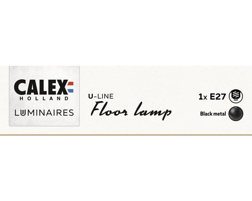 Calex Holland logo. U-Line vloerlamp met E27 fitting en zwart metaal
