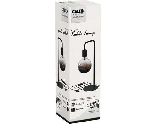 Verpakking van een Calex U-Line tafellamp van zwart metaal met E27 fitting en 1,5 meter kabel