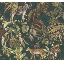 Behang met jungle motieven van zebra, apen, luipaard en tropische planten