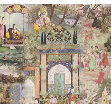 Indiase wanddecoratie met traditionele motieven zoals figuren, gebouwen en landschappen