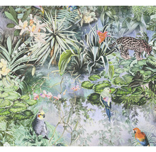Behang met jungle motief, inclusief planten, papegaaien en luipaard