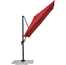 Rode zweefparasol met zwart frame op stenen platen