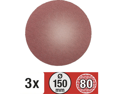Drie schuurschijven met een diameter van 150 millimeter en korrel 80