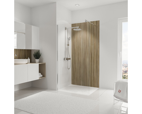 SCHULTE Douche achterwand 210x100 cm Japandi Lichte badkamer met douche, wastafel en wit tapijt