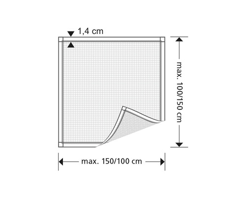 Technische tekening van een insectenhor met de afmetingen maximaal 100/150 cm en 1,4 cm