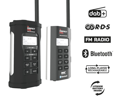 Twee Perfectpro Soloworker bouwradio''s met DAB Plus, RDS, FM-radio, Bluetooth en lithiumbatterij