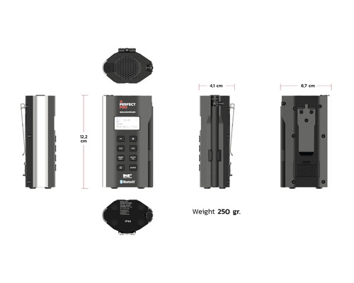 Perfectpro bouwplaatsradio met Bluetooth en digitale radio, afmetingen en gewicht weergegeven