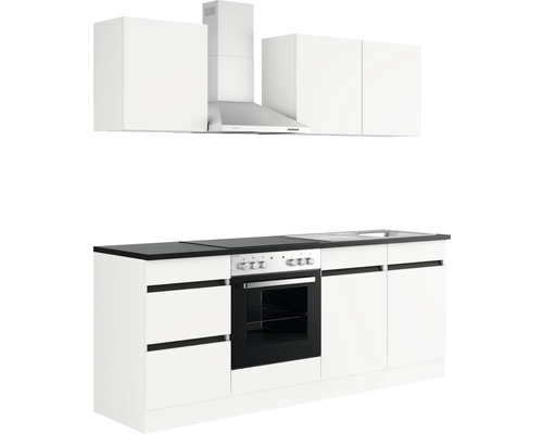 Keukenblok met bovenkasten, afzuigkap, fornuis en spoelbak