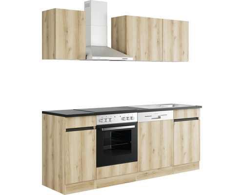 Keuken met bovenkasten, afzuigkap, fornuis, gootsteen en vaatwasser