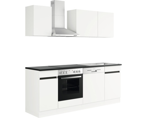 Keukenblok met spoelbak, fornuis, afzuigkap en hangkasten