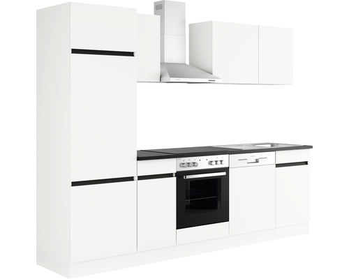 Keukenblok met hoge kast, afzuigkap, spoelbak en inbouwapparatuur