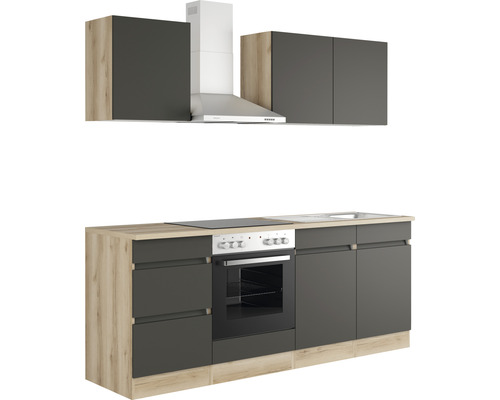Keukenblok met spoelbak, fornuis, oven, afzuigkap en hangkasten