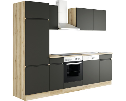 Complete keukenopstelling met inbouwapparatuur, spoelbak, kookplaat en afzuigkap.