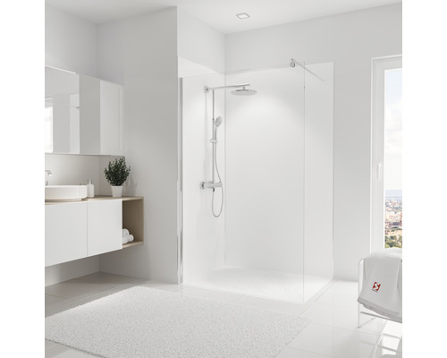 SCHULTE Douche achterwandset 210x120 cm wit Lichte badkamer met douche, wastafel en tapijt