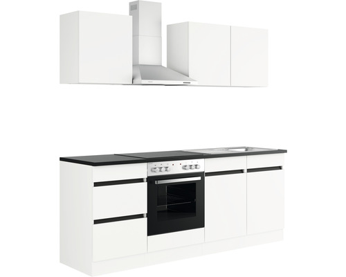 Keukenblok met spoelbak, kookplaat, afzuigkap en bovenkasten