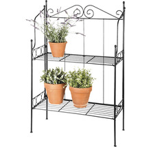 Zwart plantenrek met twee niveaus en planten in terracotta potten