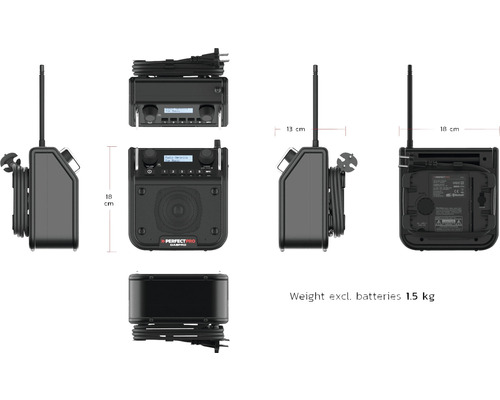 Perfectpro DABPRO bouwplaatsradio met afmetingen van 13 x 18 cm en een gewicht van 1,5 kg exclusief batterijen.