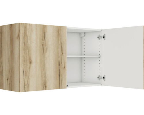 Hangende wandkast met twee deuren, waarvan één open, en legplank