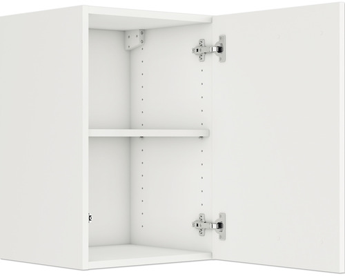 Witte hangkast met open deur en een legplank.