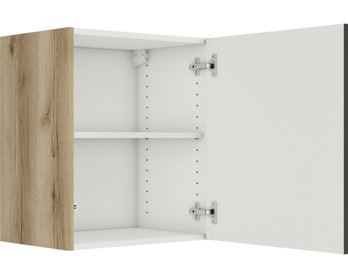 Hangende kast met een deur in houtlook en een open vak met plank