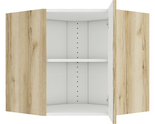 Open hoekkast met legplanken en houten decor