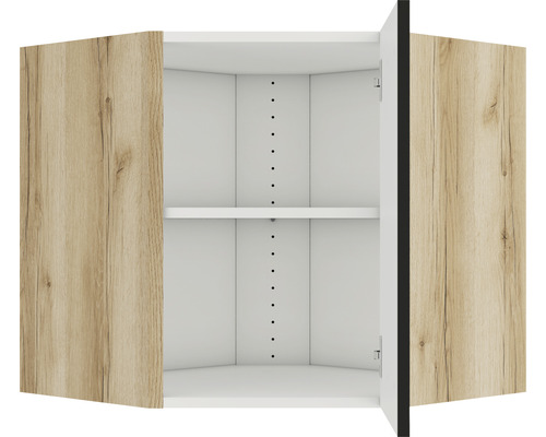 Hoekkast met twee planken en houten deuren