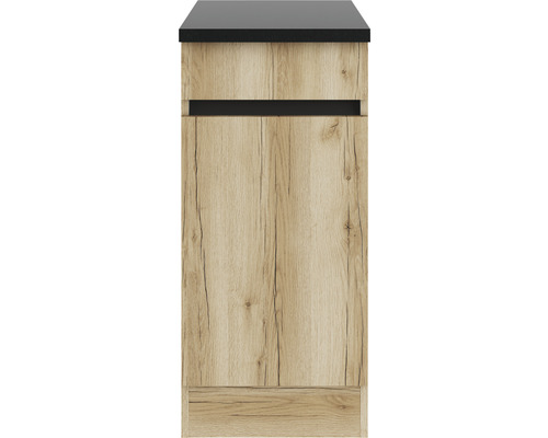 Badkameronderkast met houten decor en zwart blad