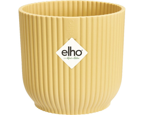 Gele plantenpot met verticale ribbels en Elho logo