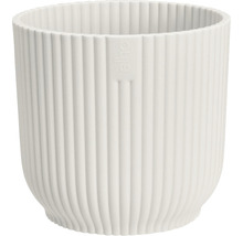 Witte bloempot met geribbelde textuur en Elho logo