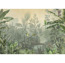 Illustratie van een dicht oerwoud met tropische planten, papegaaien en een lemur