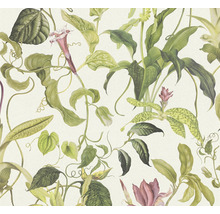 Behang met botanisch patroon van bladeren en bloemen
