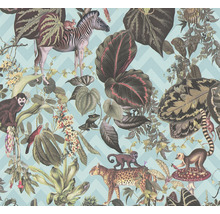 Behang met jungle motieven, inclusief zebra, apen, luipaard en tropische planten