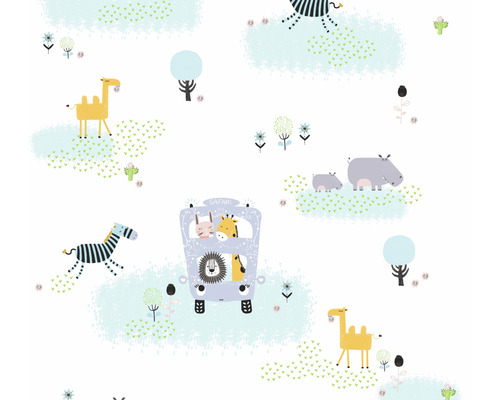 A.S. CRÉATION Vliesbehang 38114-1 Little Love dieren wit blauw Behang met safarimotief, inclusief dieren en voertuigen.