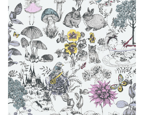 A.S. CRÉATION Vliesbehang 38120-1 Little Love sprookjes wit Patroon met illustraties van sprookjesfiguren, dieren en planten