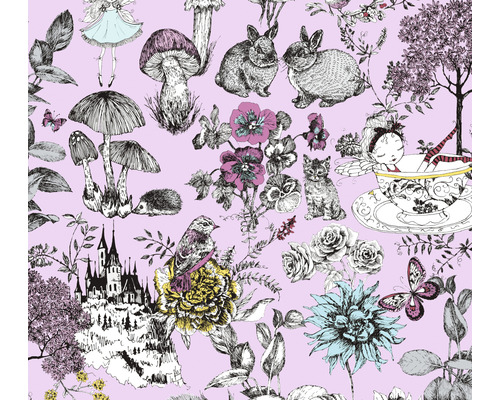 A.S. CRÉATION Vliesbehang 38120-3 Little Love sprookjes lichtroze Patroon met illustraties van bosdieren, bloemen, paddenstoelen, een kasteel en een fee