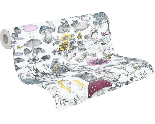 Behangrol met sprookjesmotieven, inclusief paddenstoelen, dieren en bloemen