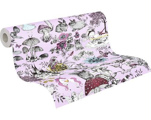 Behangrol met sprookjesmotieven zoals paddenstoelen, dieren en figuren