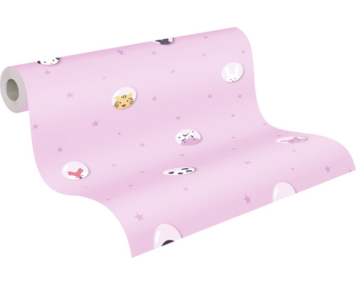 Roze behang met dierenmotieven en sterren