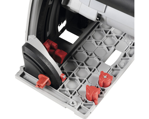 Detailweergave van een invalzaag met rode borgschroef en hoekinstelling