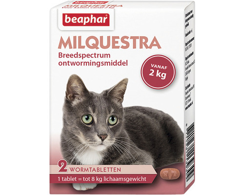 BEAPHAR Milquestra Kat ontwormingsmiddel voor katten van 2-12 kg, 2 tabletten Verpakking Beaphar Milquestra ontwormingstabletten voor katten