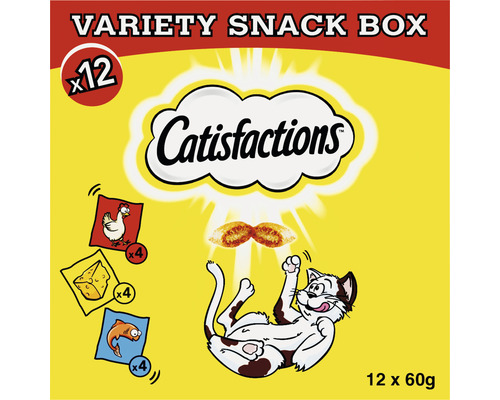 CATISFACTIONS Kattensnack multipack kip, kaas en vis 12 x 60 gr Catisfactions Variety Snack Box met 12 verpakkingen van 60 gram
