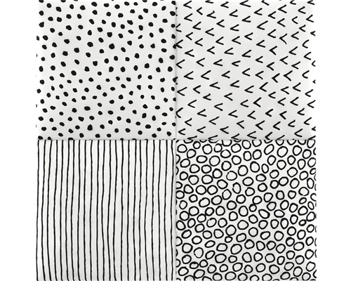 Vierkant stoffen patroon met stippen, strepen, haken en cirkels