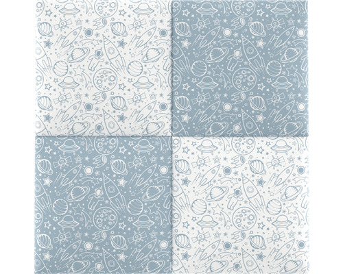 Vierkante tegels met ruimtepatroon met raketten, planeten en sterren