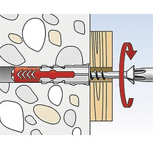 Illustratie van een plug in een muur met een schroef in een houten plank