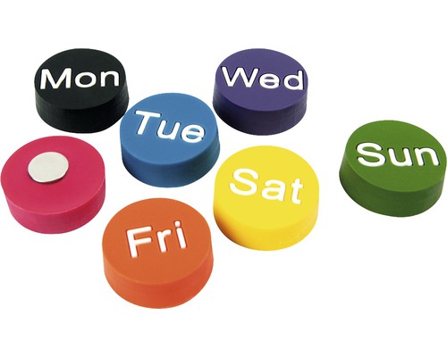 Zeven ronde magneten met de dagen van de week