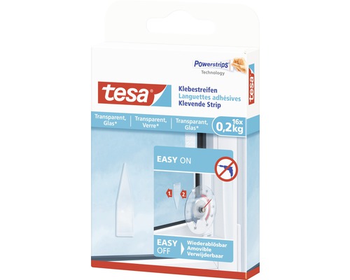Tesa Powerstrips plakstrips voor glas, transparant, 16 stuks, draagvermogen tot 0,2 kilogram