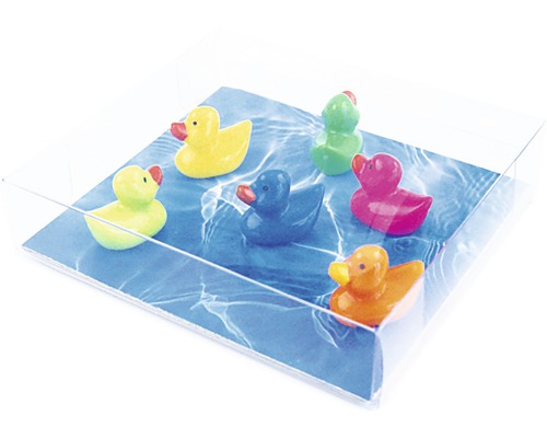 Zes kleurrijke rubberen badeendjes op een ondergrond met watermotief